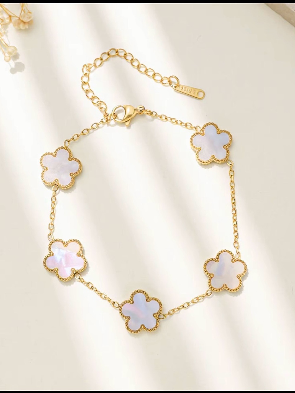 Gold Chain Bracelet with White Mother-of-Pearl Clover Charms